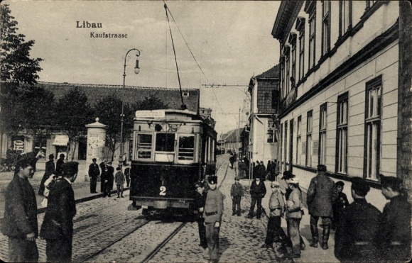 Postcard Liepaja Libau Latvia, shopping street, tram
