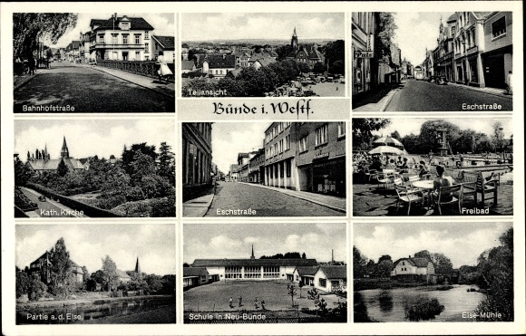 Ak Bünde in Westfalen, Bahnhofstraße, Eschstraße, Kirche, Freibad, Elsemühle, Schule