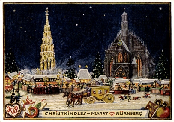 Artist Postcard Schiener, K., Nuremberg, Christkindles Markt, Christmas market stalls, stagecoach
