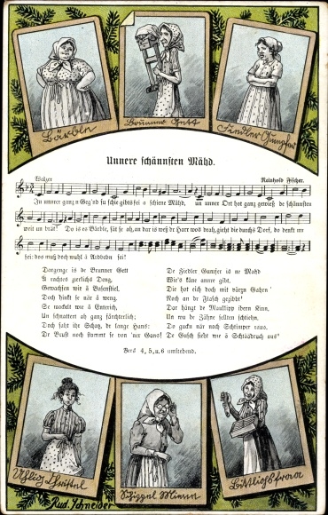 Song artist Postcard Schneider, Rud. Unnere schännsten Mähd, Erzgebirge, Reinhold Fischer, W. Vogel