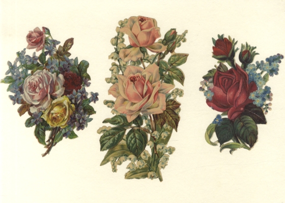 3 Oblaten Rosen mit Vergissmeinnicht und Maiglöckchen, ca. 17 x 9 cm bis 13 x 8 cm