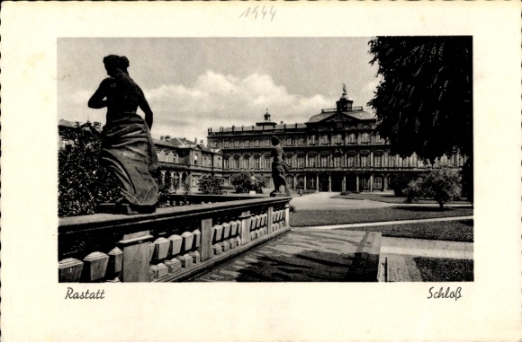 Ak Rastatt im Schwarzwald Baden, Schloss  Gartenansicht, Statue, Architektur