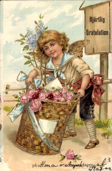 Ak Glückwunsch, Engel, Korb mit Blumen