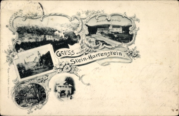 Passepartout Postcard Stein Hartenstein in the Ore Mountains Saxony, train station, castle