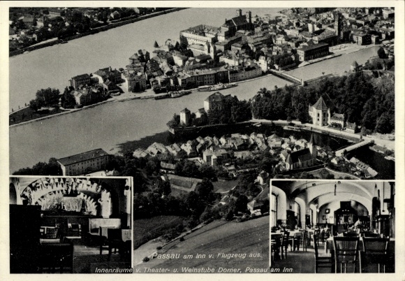 Postcard Passau in Lower Bavaria, aerial photograph, Theater- u. Weinstube Dorner