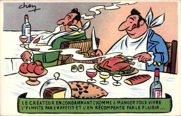Artist Postcard Two men in a restaurant, food, roast, wine