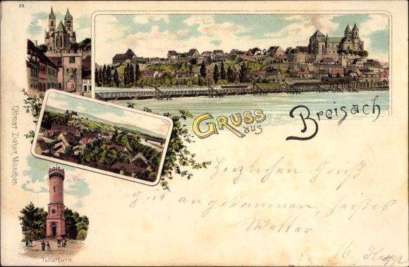 Chromo-Litho Breisach on the Upper Rhine district of Breisgau, Upper Black Forest, Tulla Tower, river section, city views