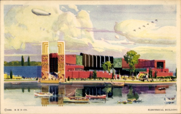 Artist PC Chicago Illinois USA, World's Fair 1933, Electrical Building, LZ 127 Graf Zeppelin