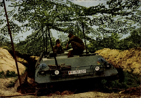 Postcard German Bundeswehr, armored personnel carrier HS 30, Y 151407, camouflage net