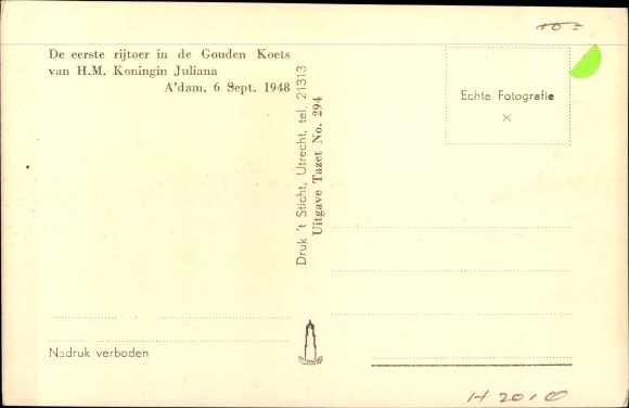 Postcard Queen Juliana of the Netherlands, Golden Coach, Amsterdam, September 6, 1948
