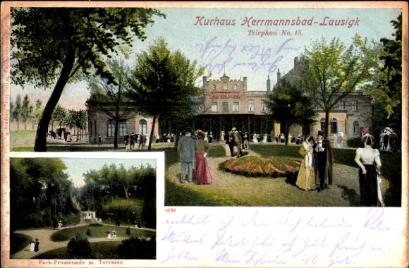 Ak Bad Lausigk Bad Lausick in Sachsen, Kurhaus Herrmannsbad- Park-Promenade, Terrasse, Menschen i