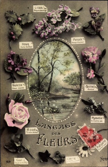 Postcard Langage des Fleurs, language of flowers, blossoms, landscape motif