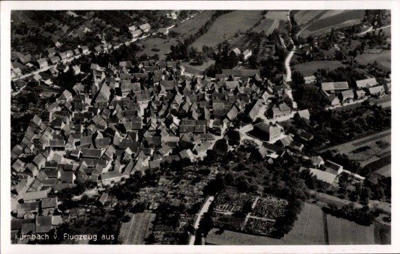 Postcard Kirnbach Wolfach in the Black Forest, aerial view of dense development, many roofs, rural surroundings