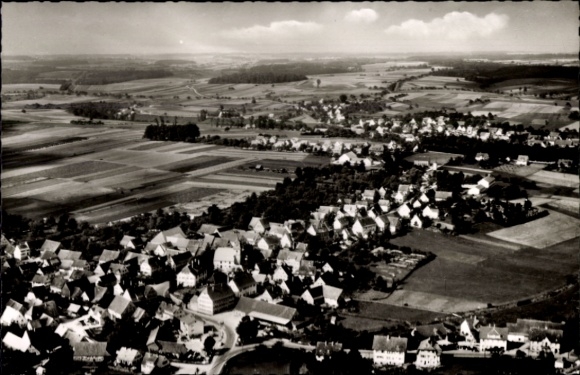 Postcard Rot am See Württemberg, aerial view of rural surroundings, residential buildings, green spaces