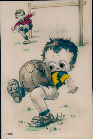 Wackelaugen Postcard Children playing football, ball, goalkeeper