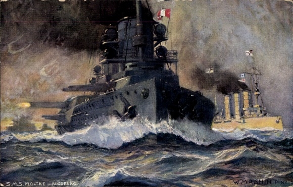 Künstler Ak Malchin, W., Deutsche Kriegsschiffe, SMS Moltke und Augsburg, Schlachtkreuzer