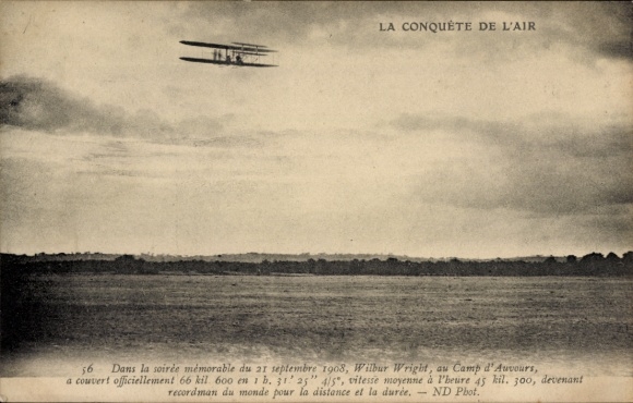 Postcard Le Mans Sarthe, Wilbur Wright flies over September 21, 1908