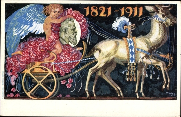 Postal stationery artist PC Diez, Prince Regent Luitpold of Bavaria 1821-1911, carriage, angel