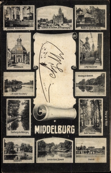 Postcard Middelburg Zeeland Niederlande, City Hall, Church, Station