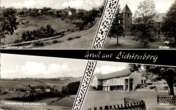 Ansichtkaart Lichtenberg Morsbach in de wijk Oberberg, panorama, kerk, school, straat