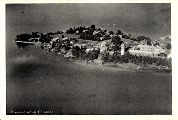 Postcard Frauenchiemsee Fraueninsel Chiemsee Upper Bavaria, aerial photograph