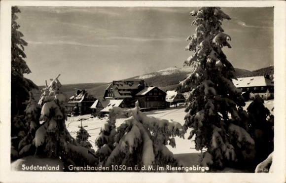 Postcard Pomezní Boudy border buildings Malá Úpa Kleinaupa, Giant Mountains, winter