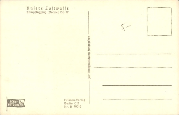 Postcard fighter aircraft Dornier Do 17, German Wehrmacht, Luftwaffe