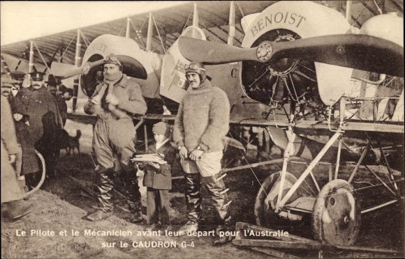 Postcard The Pilot and the Mechanic before their departure for Australia on the Caudron G-4