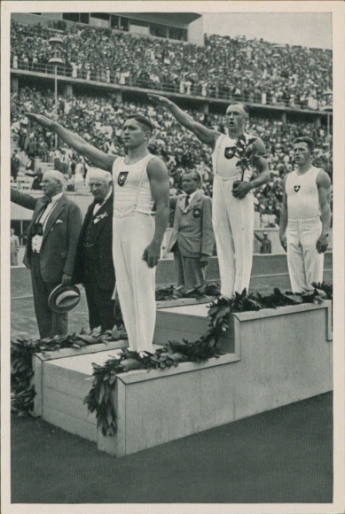 Collector's card from the 1936 Olympics, award ceremony for the gymnasts in the twelve-event competition, Schwarzmann, Mack, Frey