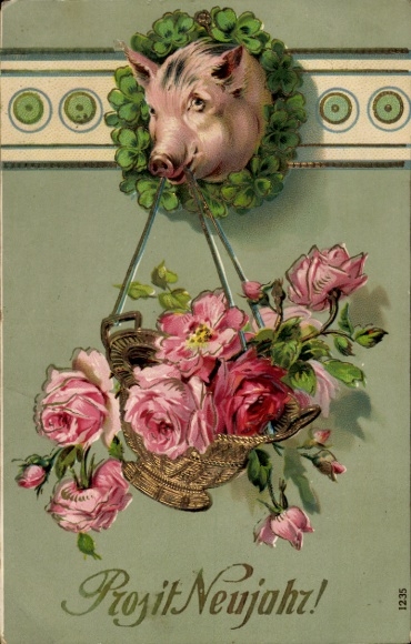 Glitter embossed Postcard Happy New Year, clover, pig head, roses