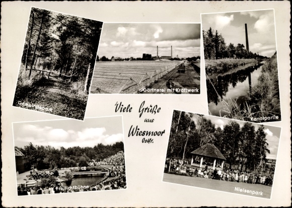 Postcard Wiesmoor in Lower Saxony, garden center with power plant, Nielsenpark, open-air stage, canal section