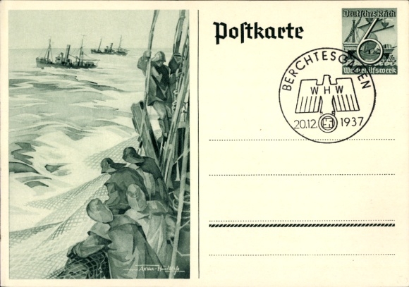Postwaardestuk Ansichtkaart Axster Heudtlaß, vissers op volle zee, vissersboten