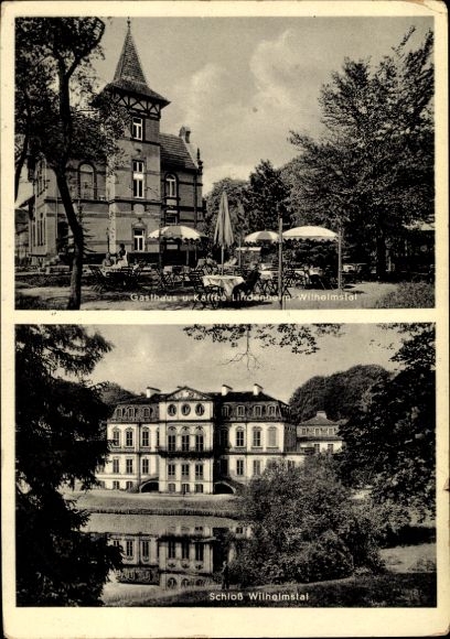 Postcard Calden in Hessen, Wilhelmsthal Castle, Inn and Café Lindenheim
