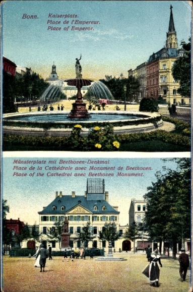 Postcard Bonn am Rhein, Kaiserplatz, Beethoven monument, fountain, buildings