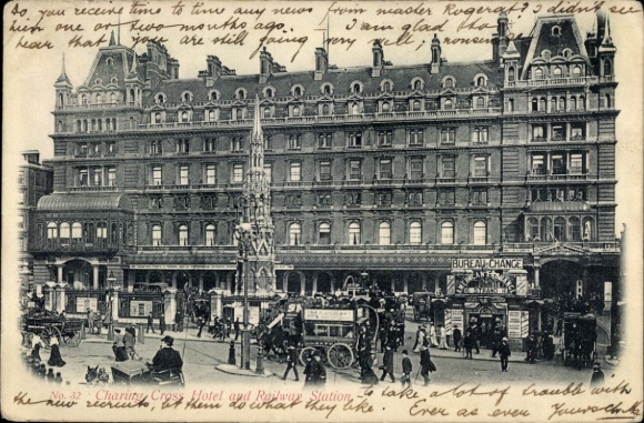 Postcard London City England, Charing Cross Hotel, Train Station
