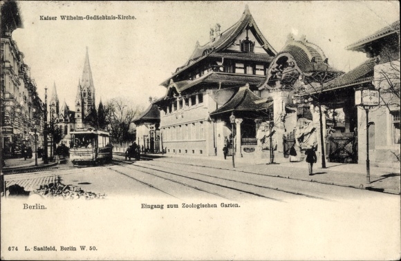 Postcard Berlin Tiergarten, zoological garden, entrance, tram, Kaiser Wilhelm Memorial Church
