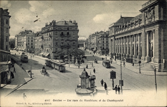Postcard Genève Genf Schweiz, Rue du Montblanc and Rue du Chantepoulet, tram, Litfaßsäule