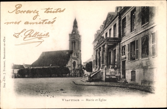 Ak Viarmes Val-d´Oise, Mairie et Église
