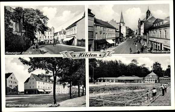 Postcard Hilden in Westphalia, Mittelstrasse, swimming pool, Benrather Strasse, Richrather Strasse settlement