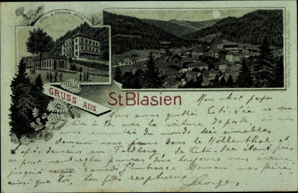 Moonlight Chromo-Litho Sankt Blasien in the Black Forest, Hotel and Pension Krone, general view