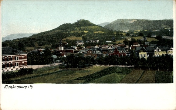 Postcard Blankenburg am Harz, panoramic view of hill in the background, buildings