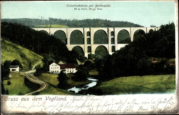 Postcard Jocketa Pöhl Vogtland, Elstertalbrücke with Barthmühle, railway line, viaduct, railway bridge
