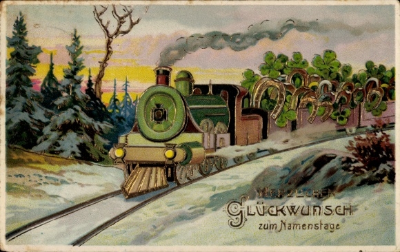 Postcard Congratulations Name Day, Railway, Horseshoe, Lucky Clover
