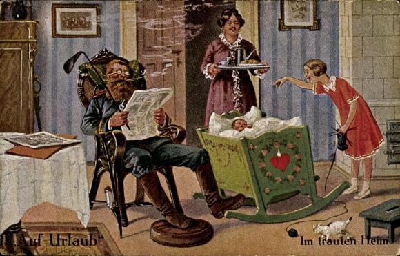 Kunstenaar Ak Thiele, Arthur, Op vakantie, In het gezellige huis, Soldaat, Pijp, Familie, Wieg