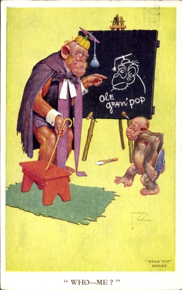 Artist Postcard Wood, Lawson, humanized monkeys, grandfather, panel