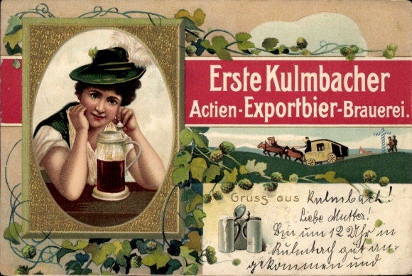 Embossed Postcard Kulmbach in Upper Franconia, First Kulmbach Stock Export Beer Brewery