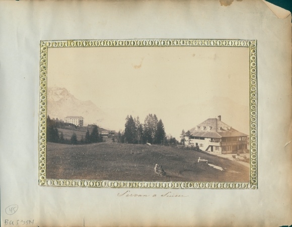 Photo Servan Kt. Freiburg, around 1870, town view, mountain range