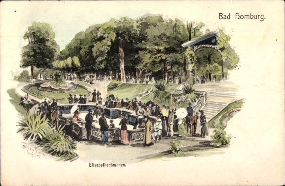 Postcard Bad Homburg vor der Höhe Hesse, Elisabethenbrunnen, crowd, park landscape