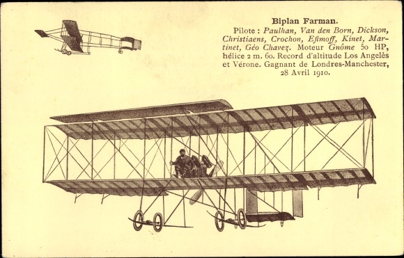 Postcard Biplan Farman, Motor Gnome, Flugpioniere, Pilot Paulhan, Van den Born, Dickson, Crochon