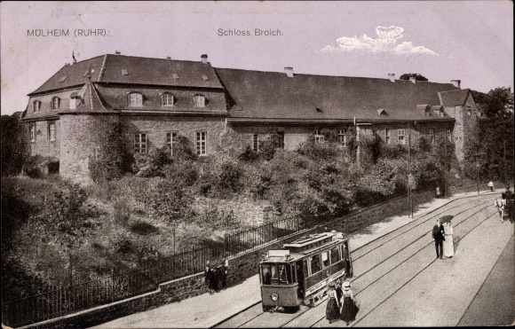 Postcard Mülheim an der Ruhr, Broich Castle, tram